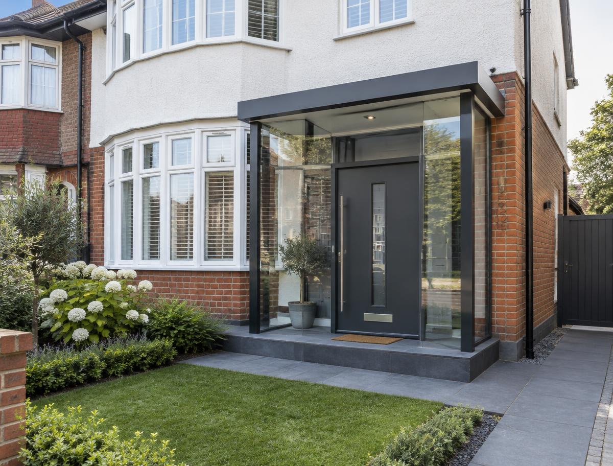 Modern glazed porch on a 1930s London semi-detached house