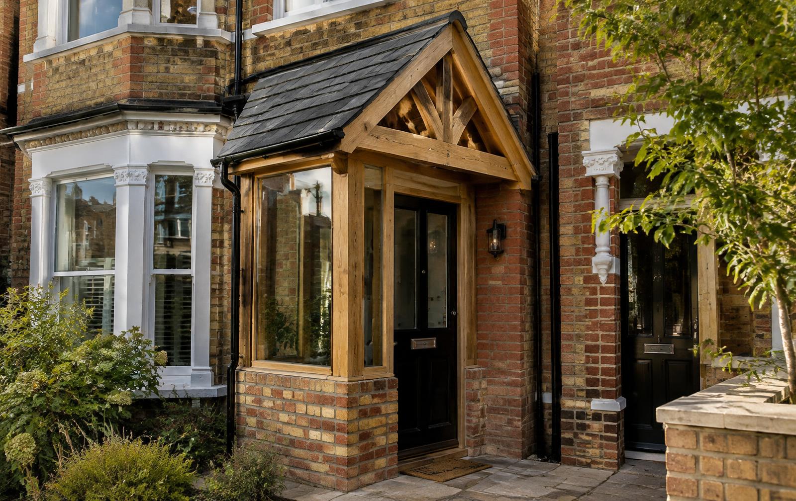 Oak framed porch with slate roof on a London Victorian terrace